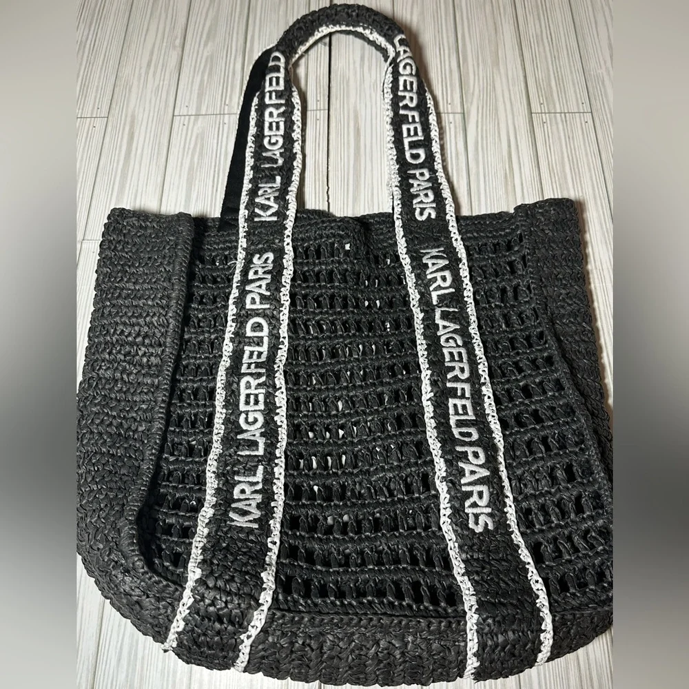 Karl Lagerfeld Paris Antibes Black Woven Straw Tote Bag Logo Straps - Picture 2 of 7